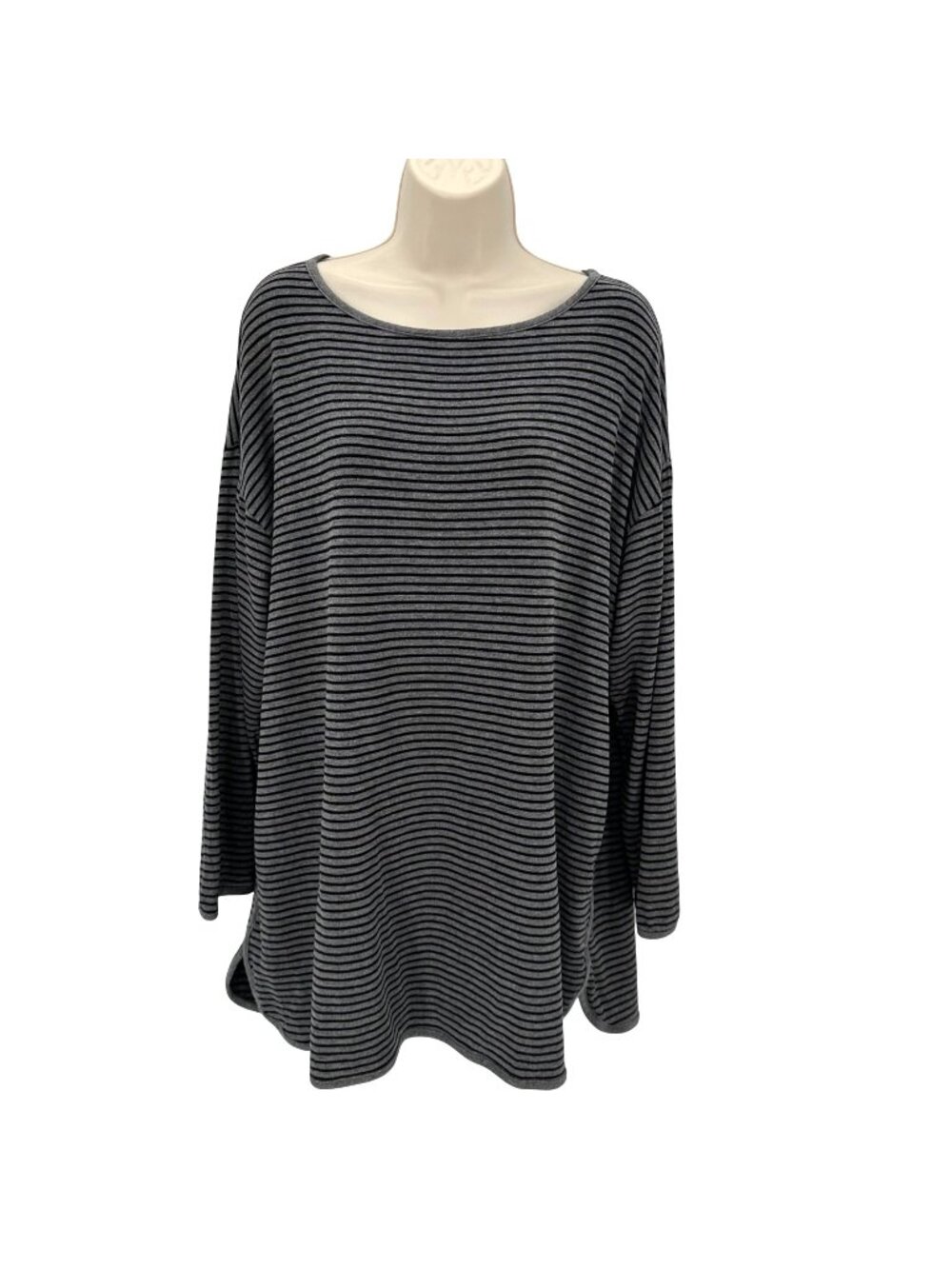 Eileen Fisher Gray Black Oversized Striped Tencel Blend Long Sleeve Tunic Top M